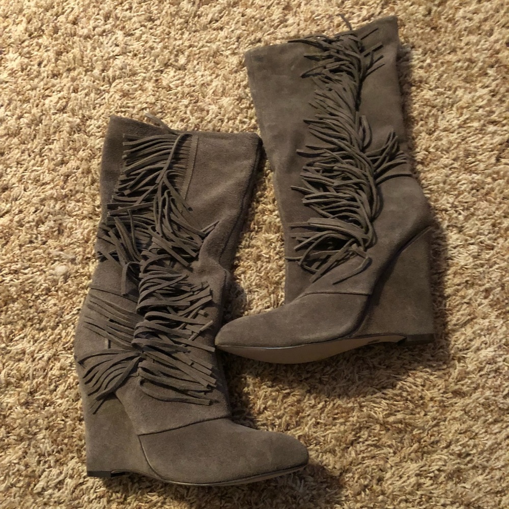Mia Taupe Suede Wedge Fringe Boots Size 8 1/2